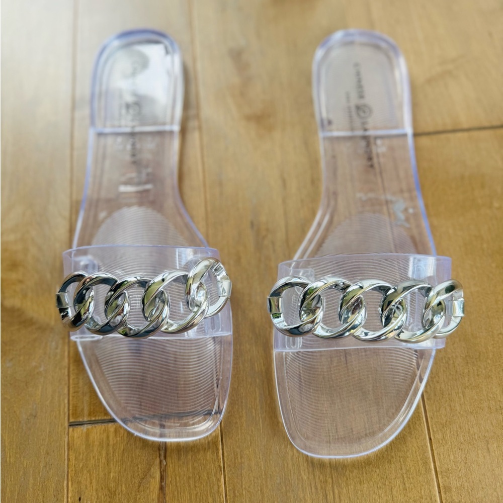 CHINESE LAUNDRY JELLY FLATS SILVER CHAIN SANDALS